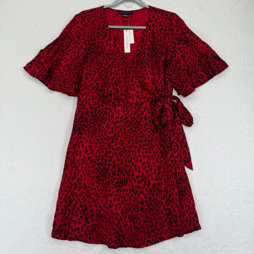 Sanctuary Red Leopard Print Wrap‎ Dress Flutter Sleeve Digital Party M